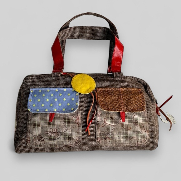 KIMIDORI Designer Tweed Leather Shoulder Bag Colorful Polka Dot Large Y2K OOAK - Picture 1 of 15